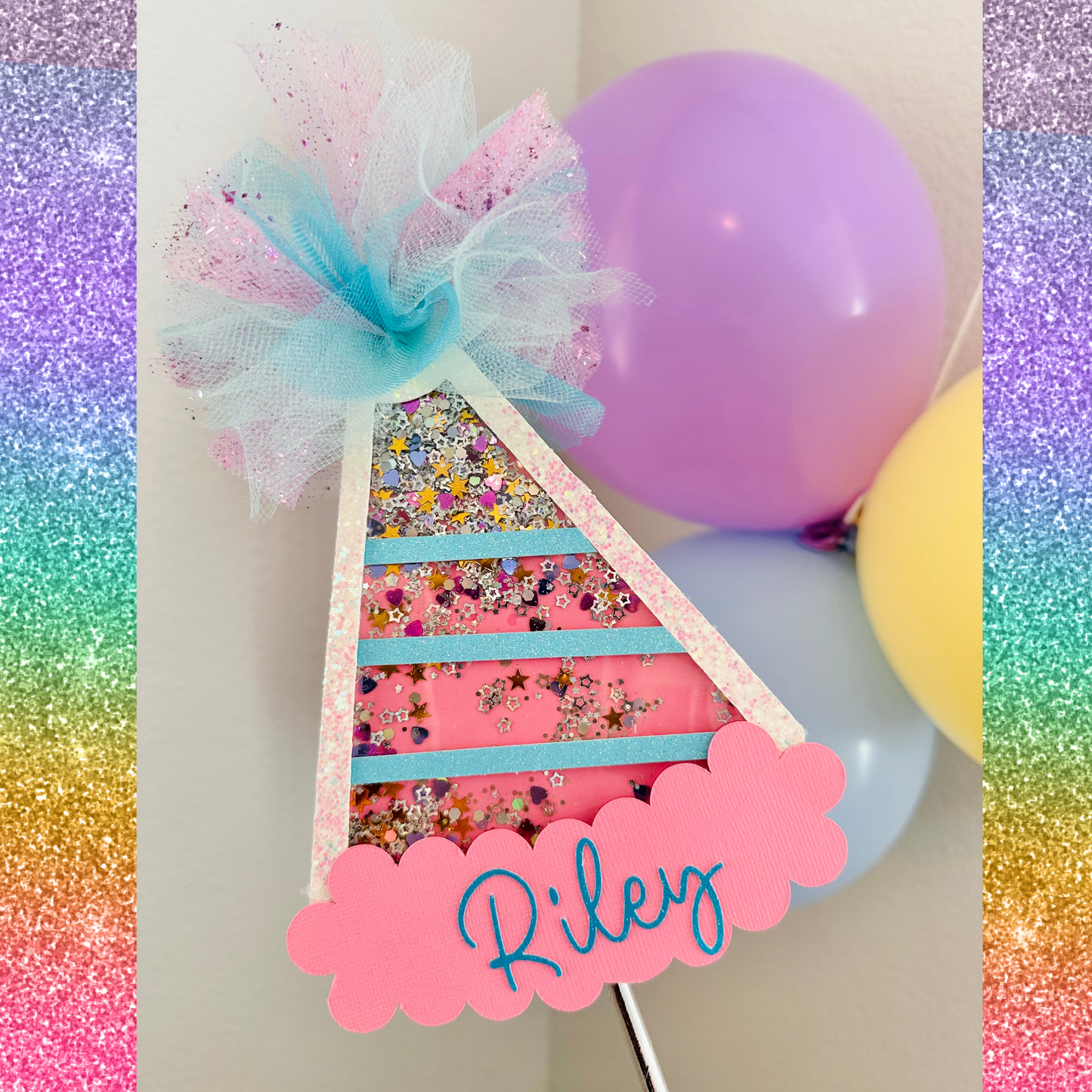 Personalized Party Hat Shaker Cake Topper